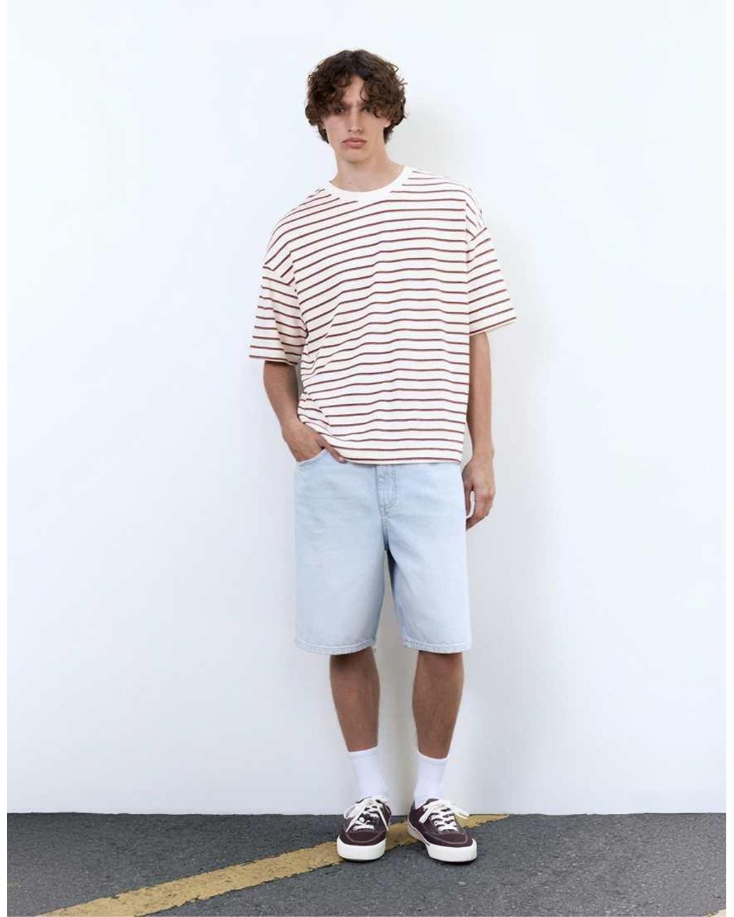 Pull&Bear White Striped Boxy-fit T-shirt for men