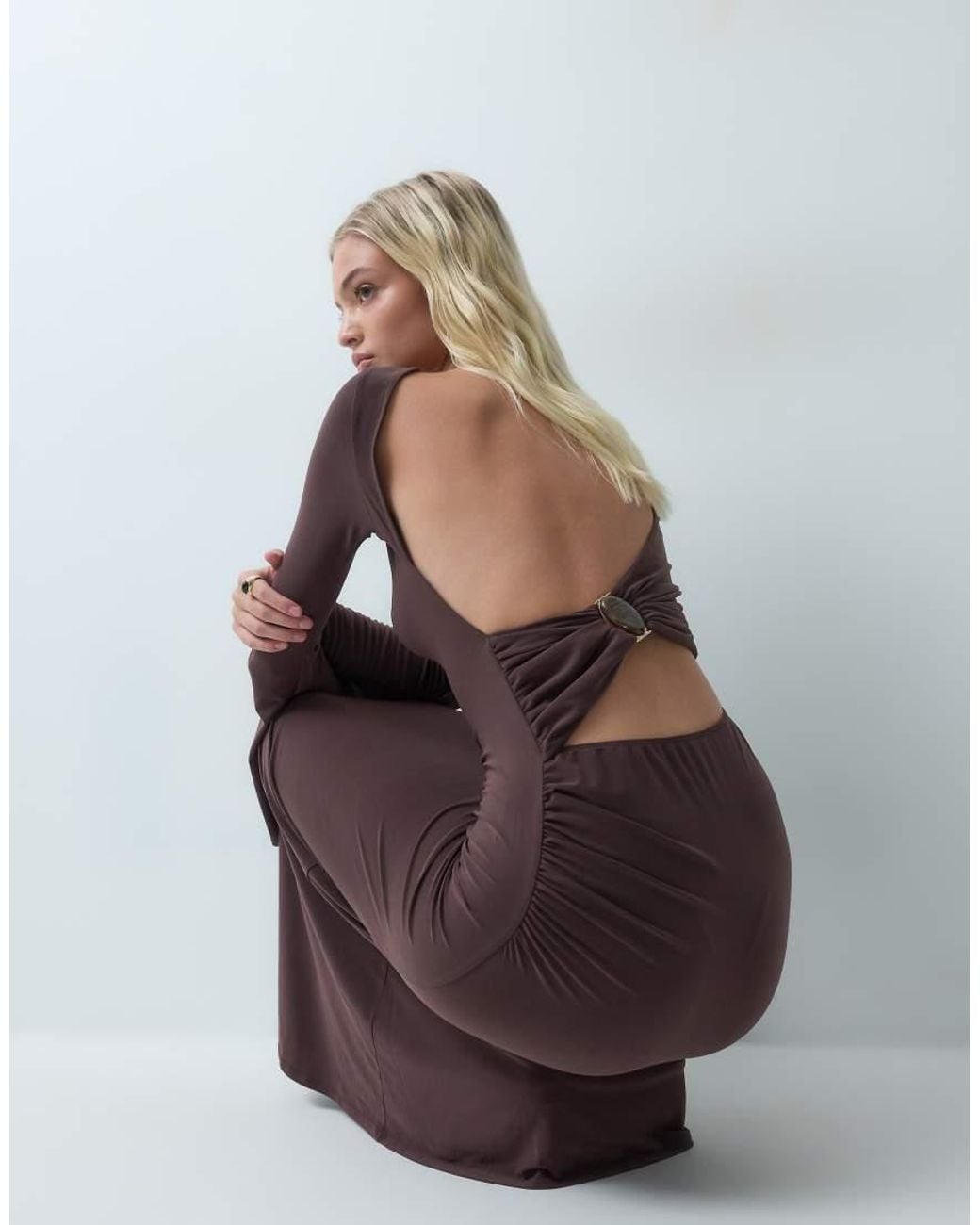 ASOS Brown Slash Neck Slinky Maxi Dress With Open Back And Trim Detail