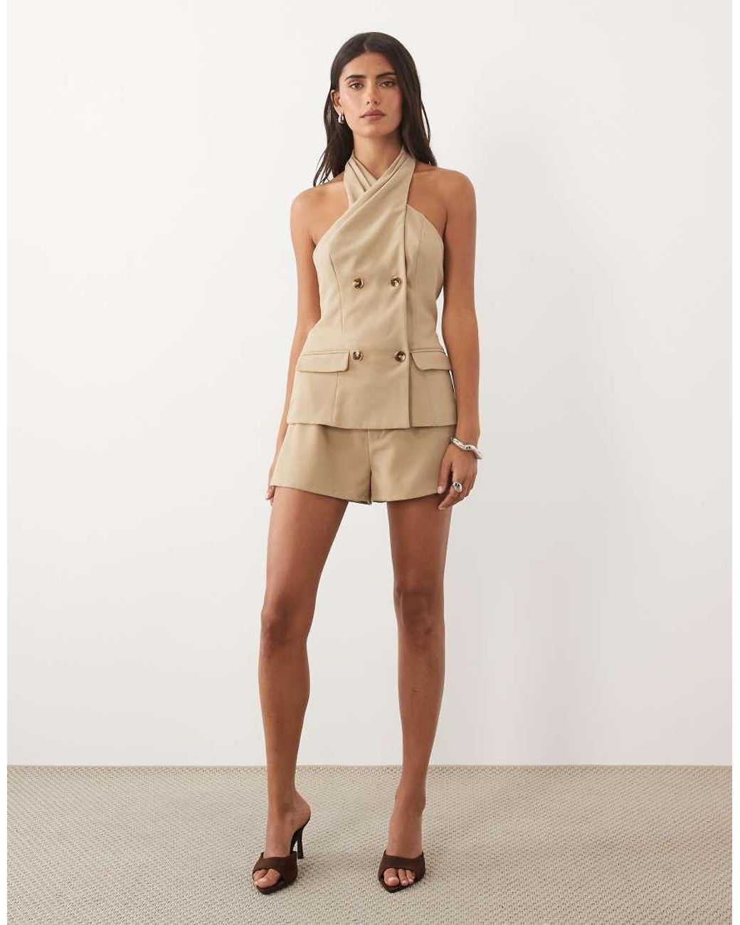 Kaiia Brown Exclusive Tailored Halterneck Crossover Button Detail Top Co-ord