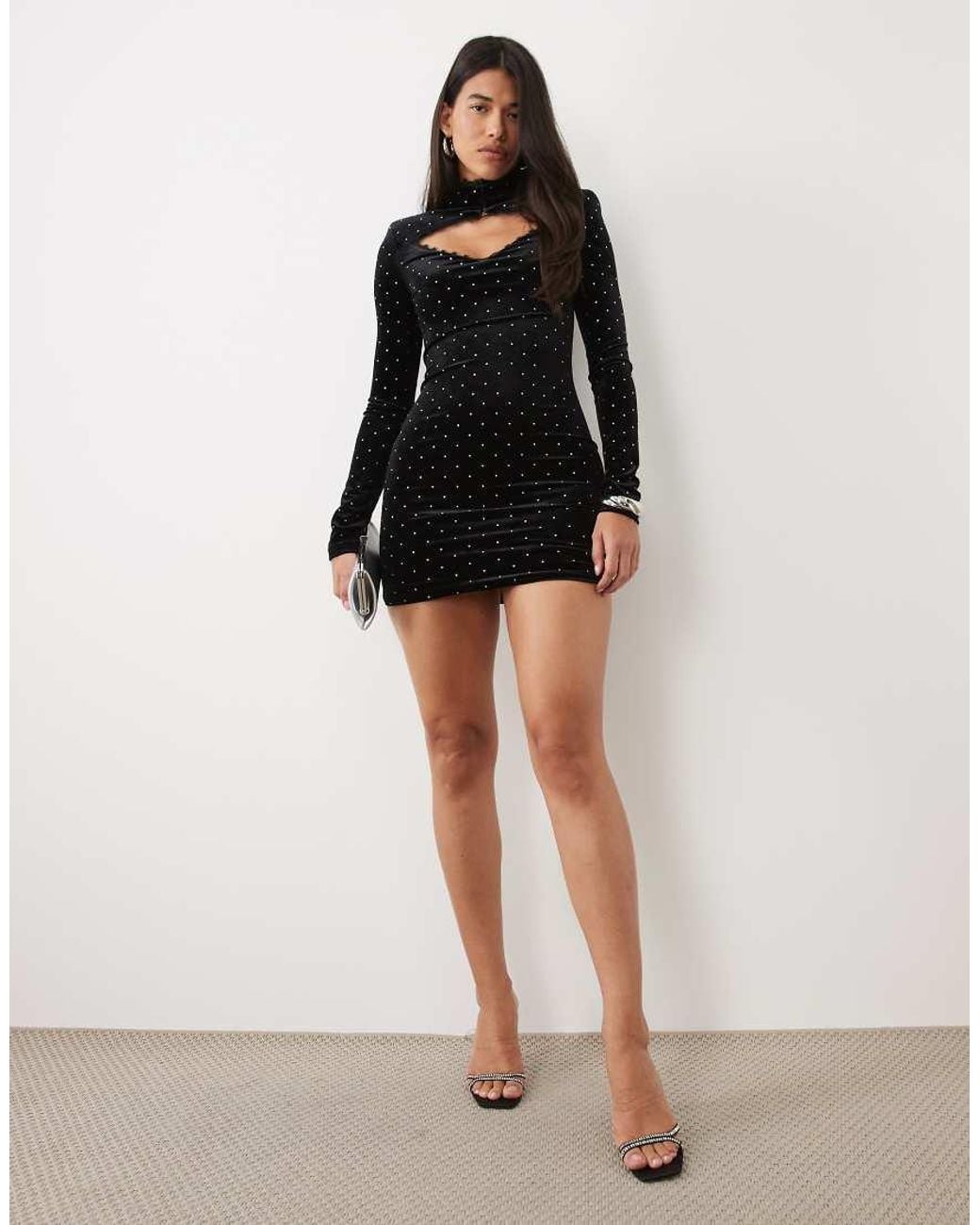Ruched & Ready Black Velvet Hotfix Mandarin Collar High Neck Lace Trim Shoulder Pad Mini Dress
