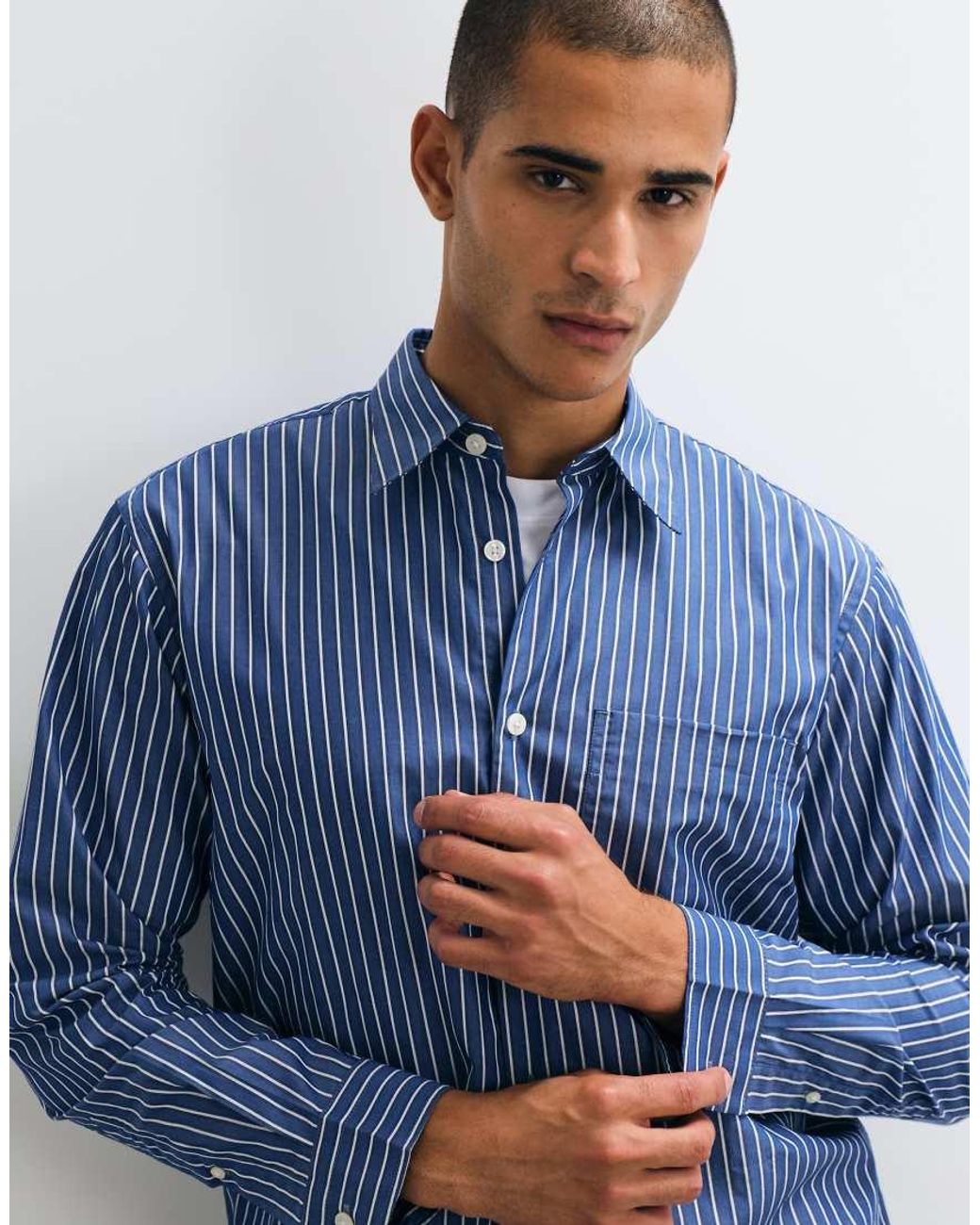 SELECTED Blue Long Sleeve Poplin Shirt With Stripes for men