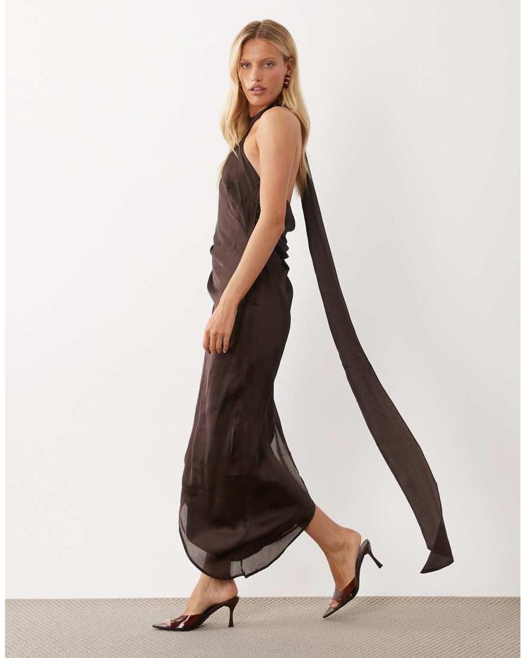 ASOS Natural Halter Neck Scarf Detail Asymmetric Satin Midaxi Dress