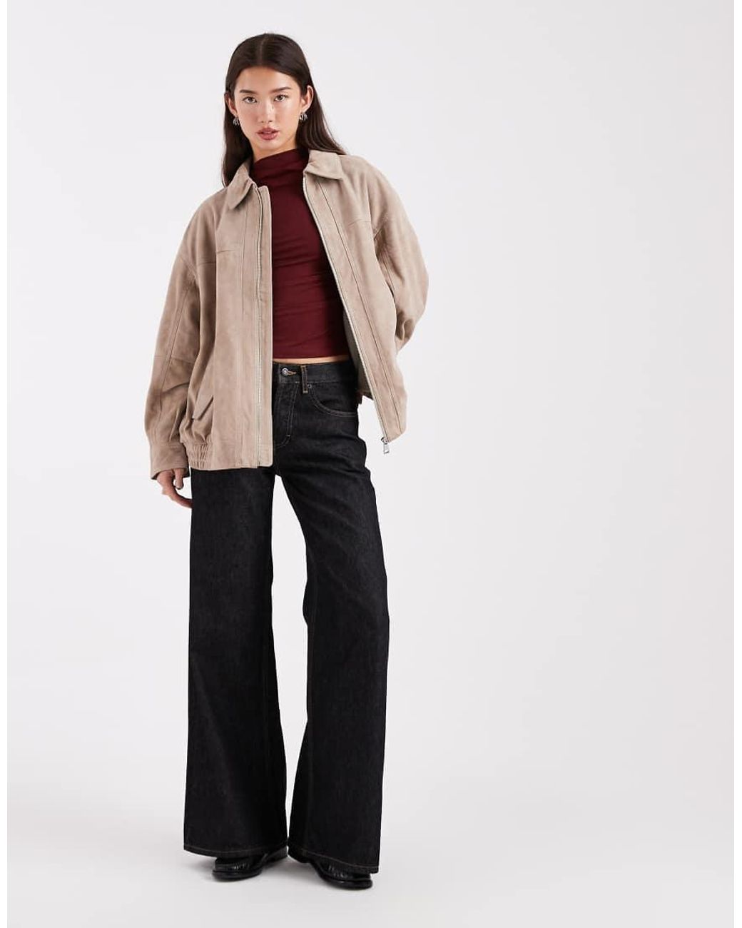 ASOS Natural Real Suede Harrington Bomber