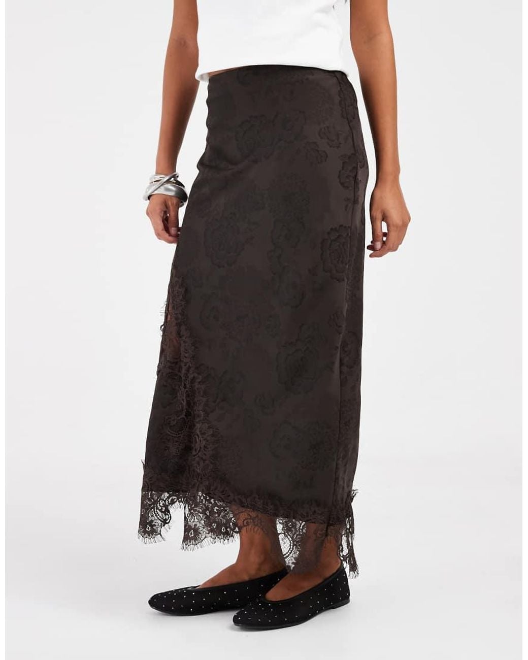 Vero Moda White Satin Midi Skirt With Lace Detail