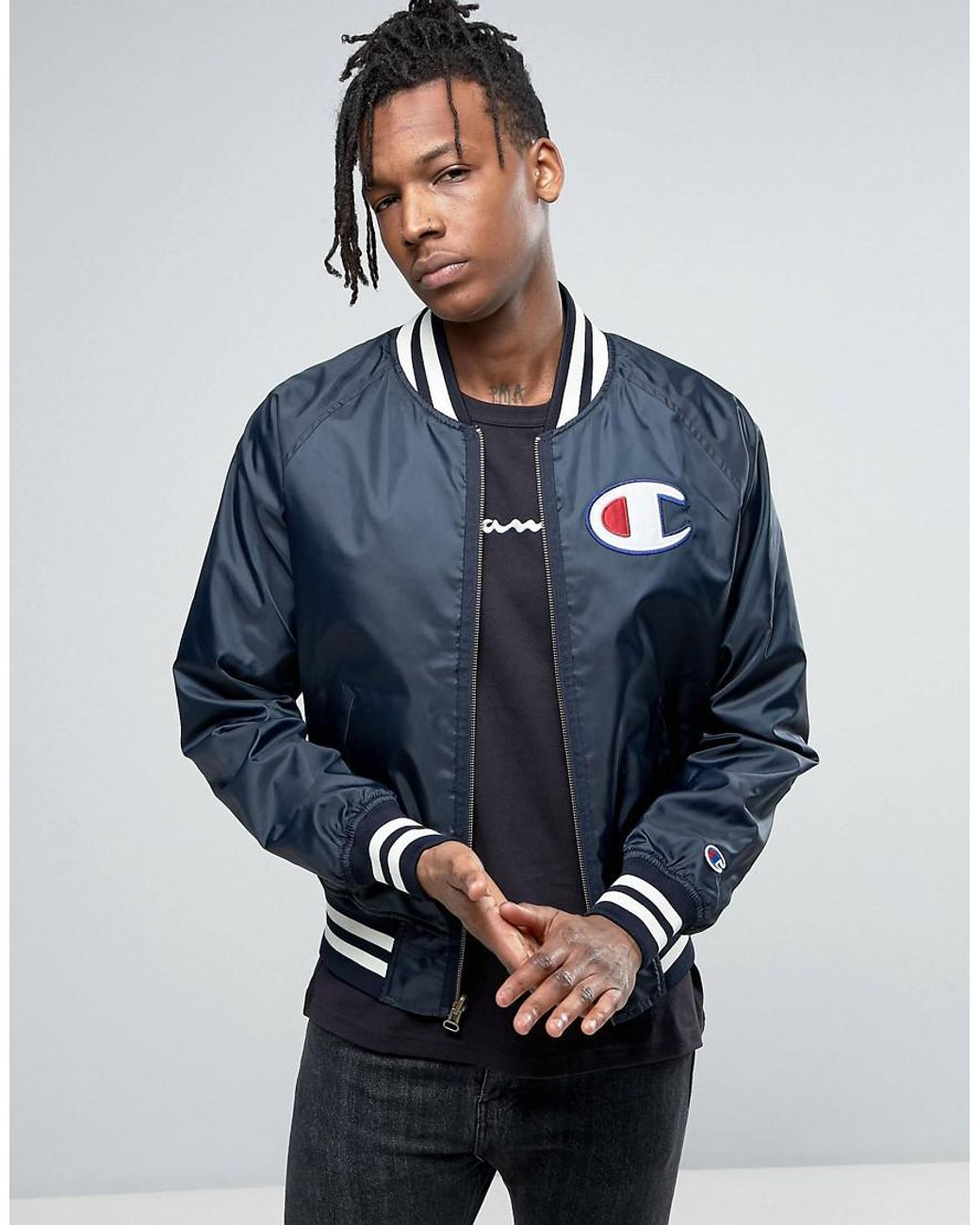 Champion Bomber Jacket With Large Logo in Black for Men | Lyst Canada