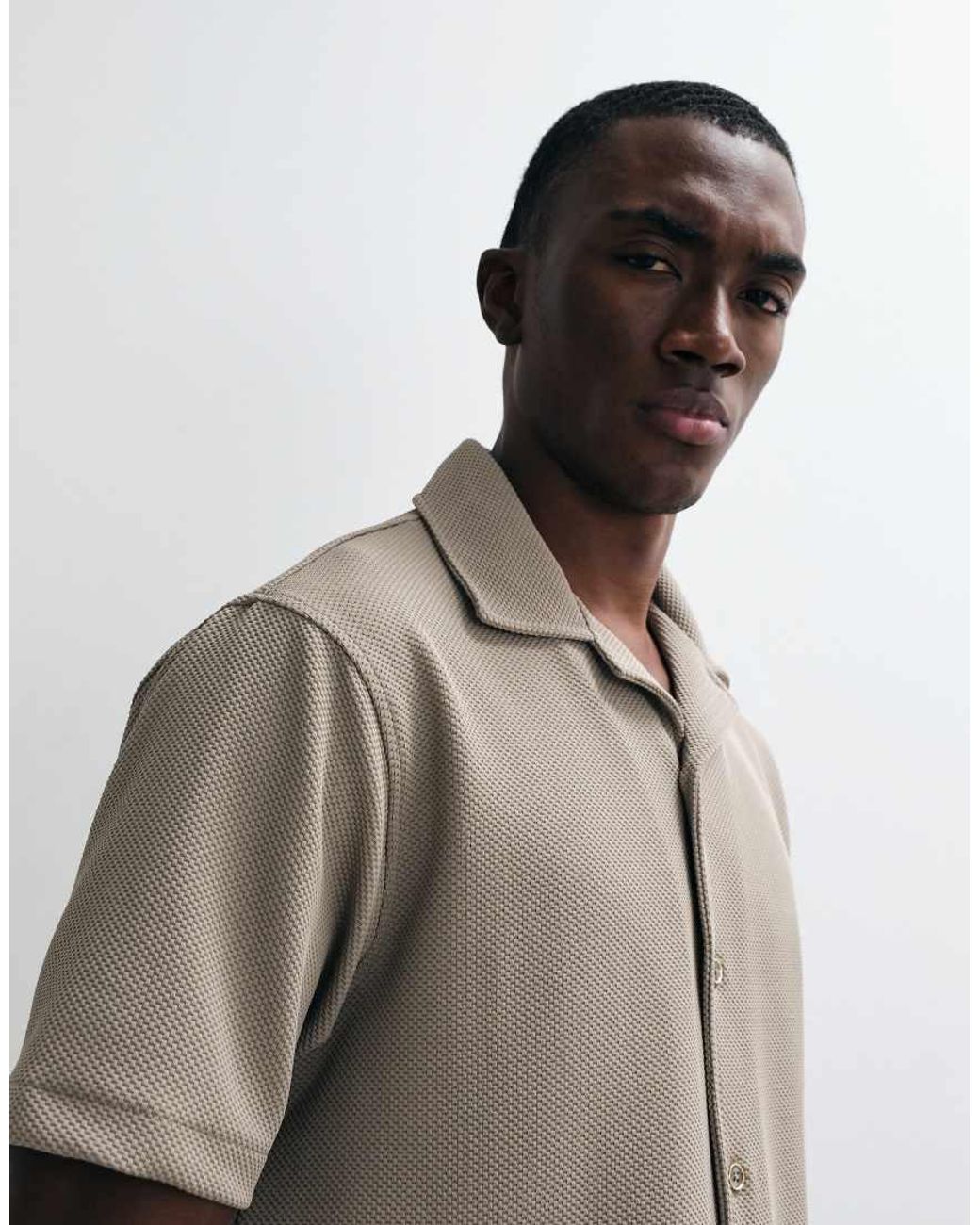 River Island Natural Textured Camp Collar Shirt for men