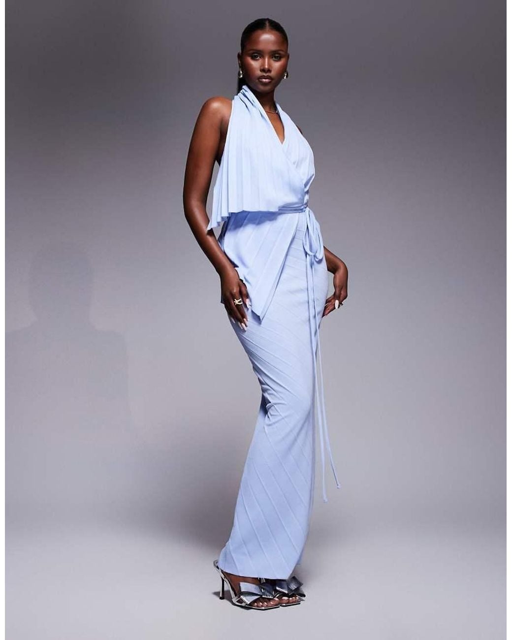 ASOS Purple Pleated Plunge Maxi Dress With Asymmetric Wrap Detail