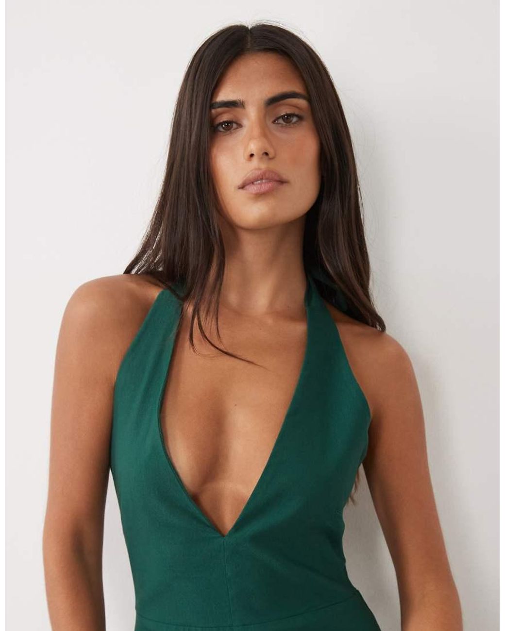 Vesper Green Bengaline Scoop Halterneck Tie Detail Midi Dress