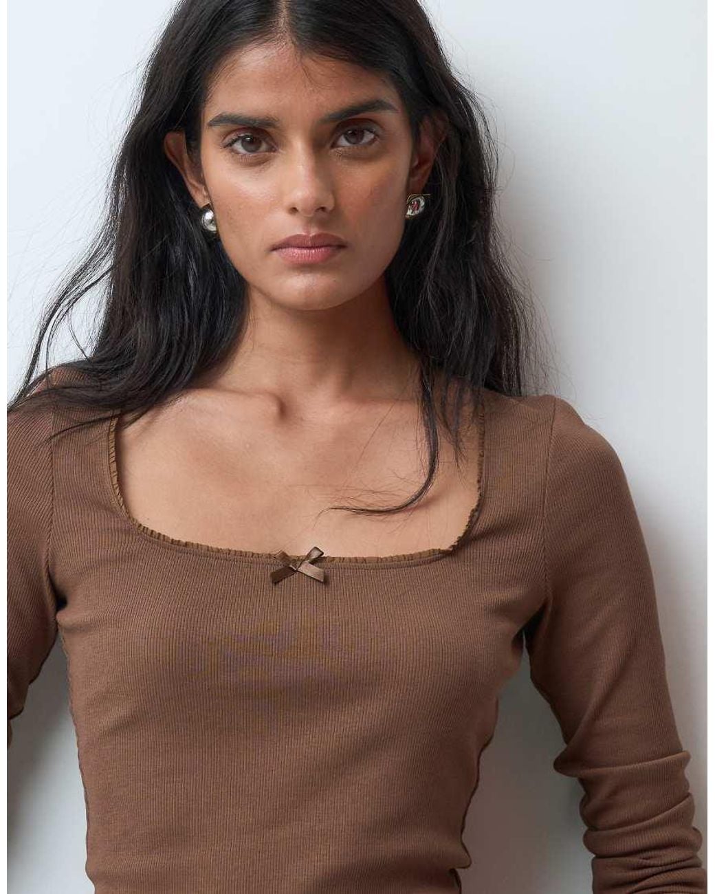 Miss Selfridge Brown Ruffle Edge Square Neck Top