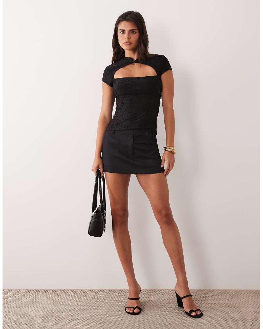 ASOS Black Devore Mesh Mandarin Cap Sleeve