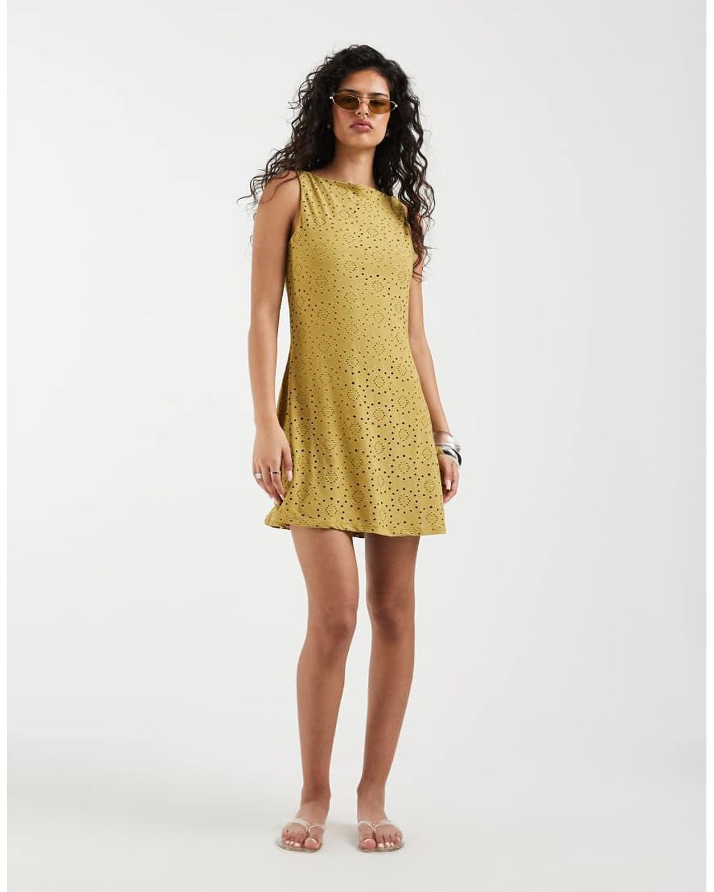 Vero Moda Yellow Jersey Floral Broderie Sleeveless Mini Dress