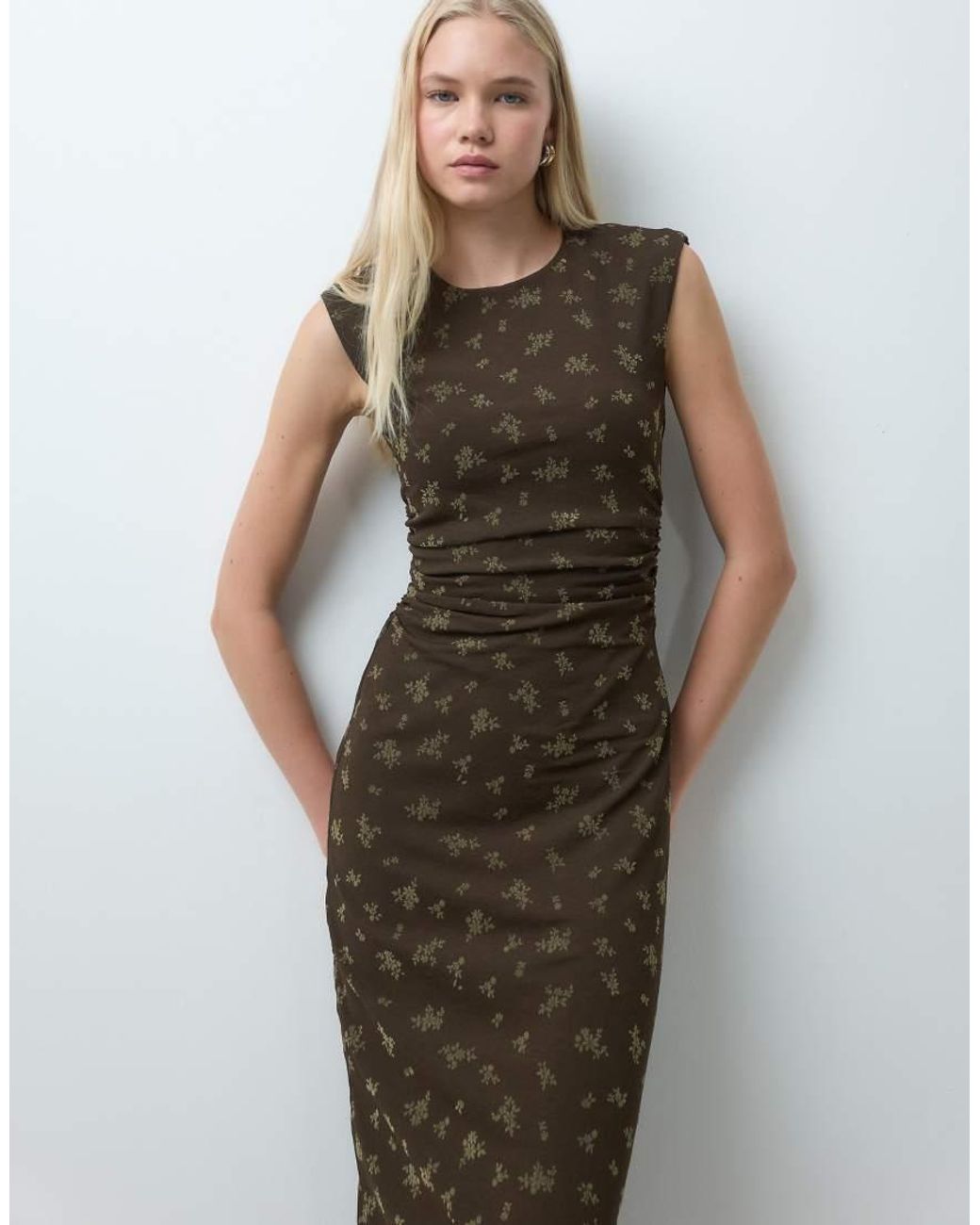 Mango Gray Plisse Sleeveless Midi Dress