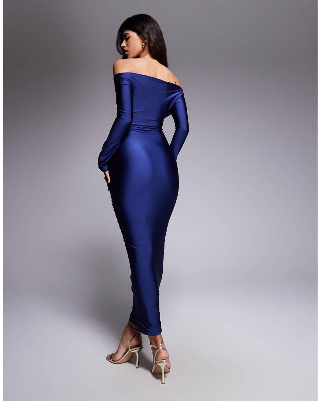 Ruched & Ready Blue You Wish Sculpted High Shine Off Shoulder Sweetheart Neck Maxi Dress