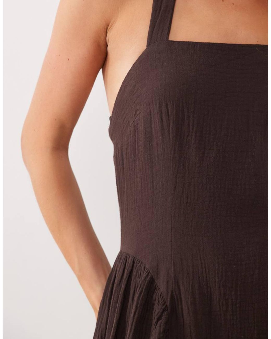 Mango Brown Sqaure Neck Halter Detail Sleeveless Maxi Dress With Cinch Waist