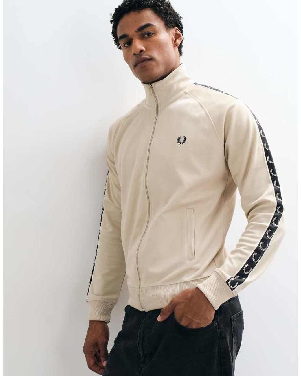 Fred Perry Natural Co-Ord Contrast Taped Zip Through Logo Track Jacket for men