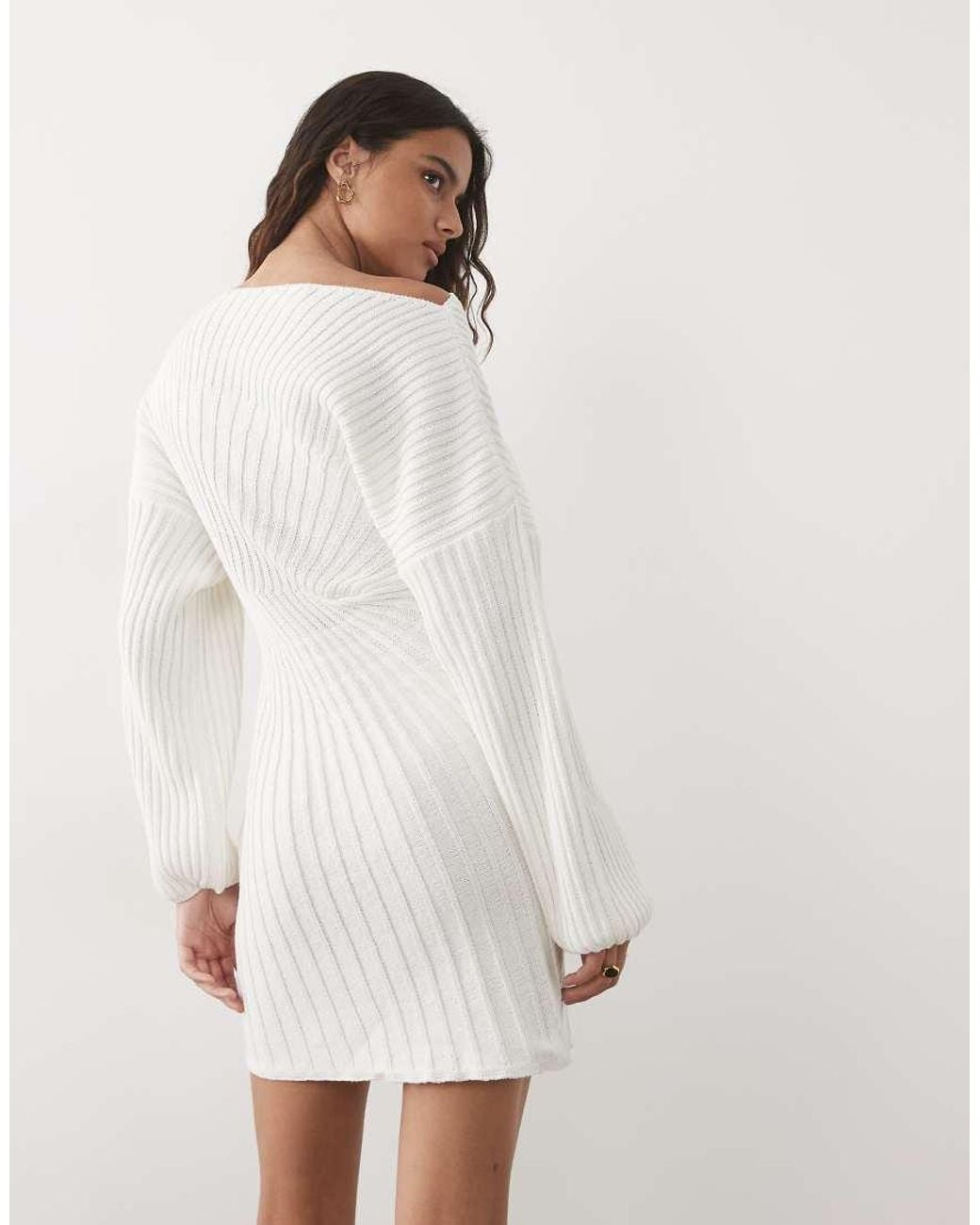 ASOS White Knitted Cinched Pleated Mini Dress
