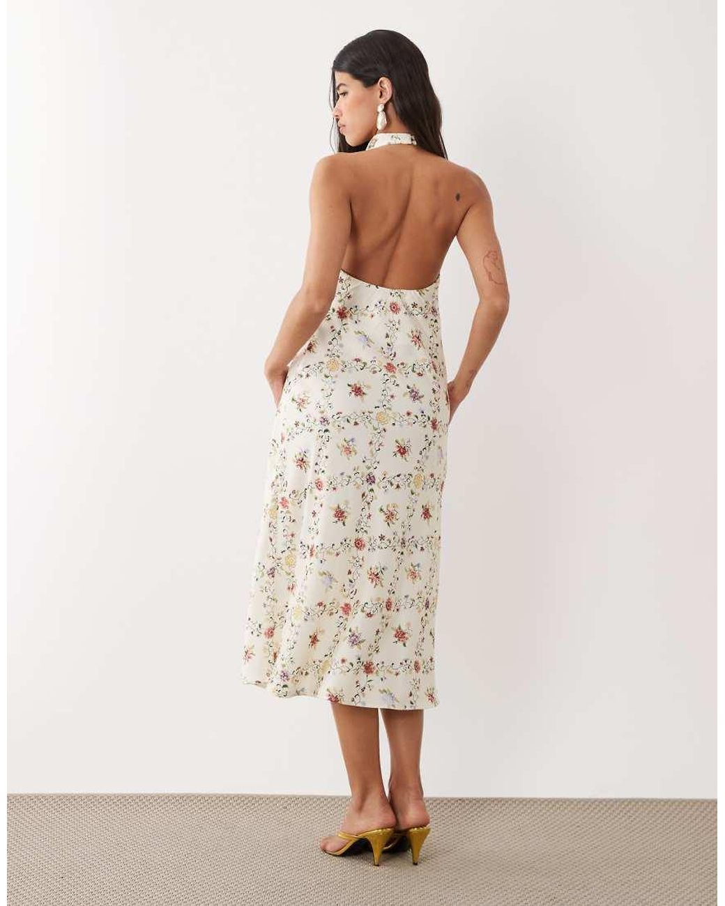 Y.A.S Natural Halter Neck Backless Satin Maxi Dress