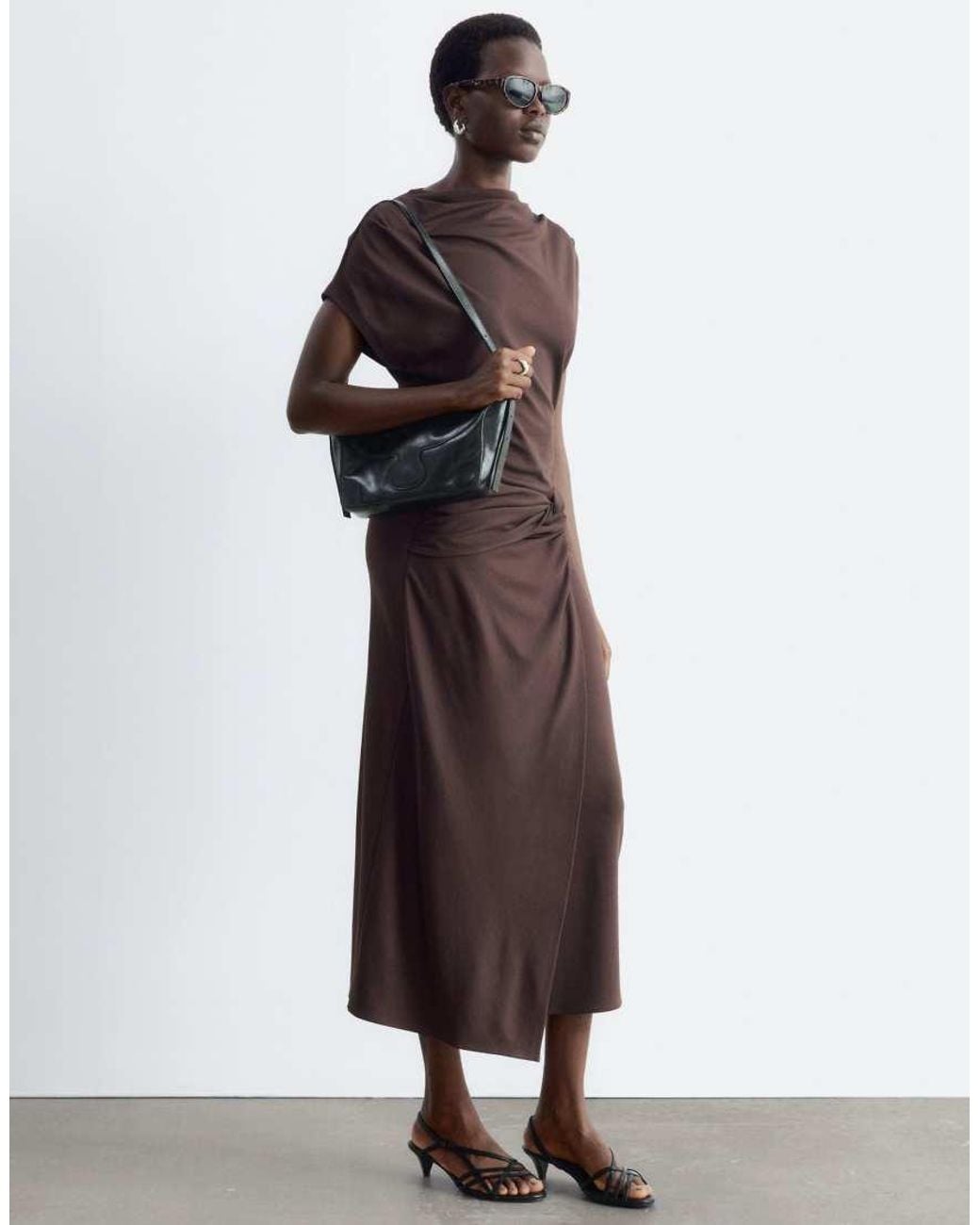 & Other Stories Brown Boat Neck Lock Sleeve Midi Dress With Side Knot Detail