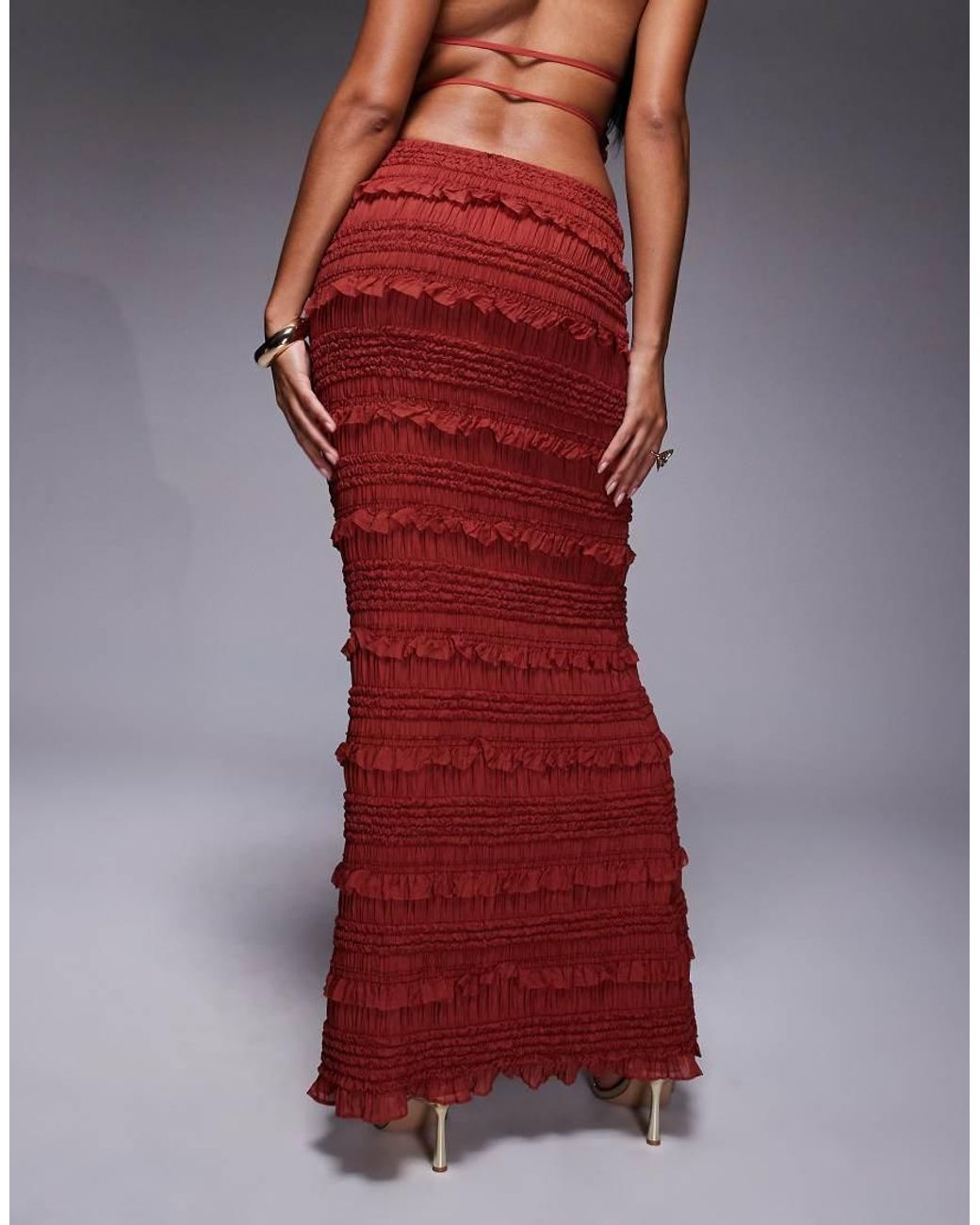 Oh Polly Red Ruffled Mid-rise Maxi Skirt