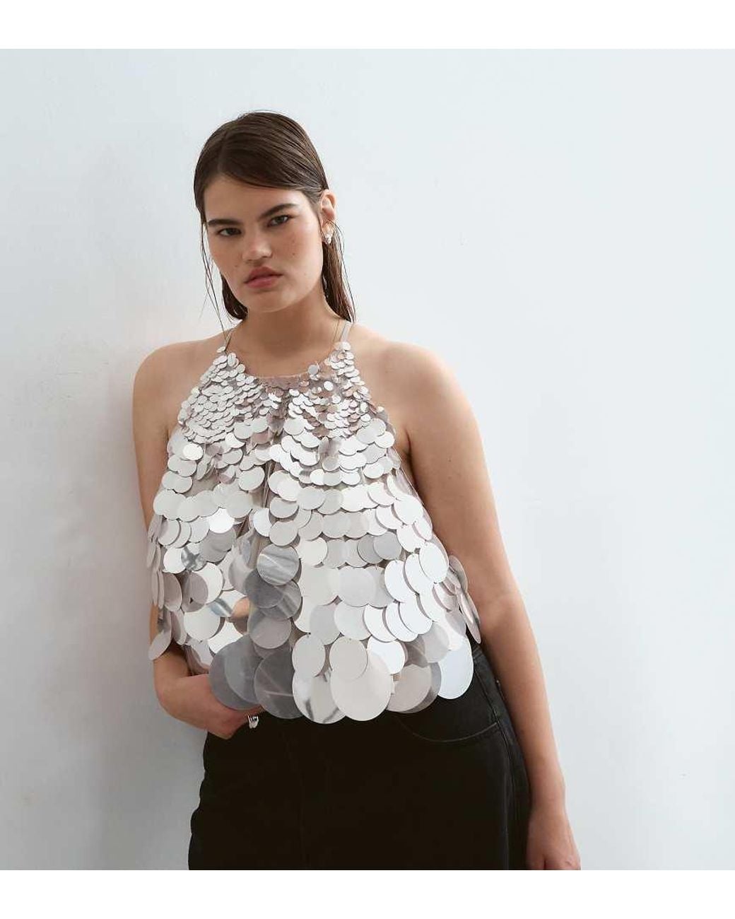 ARRANGE White Curve Mirror Disc Sequin Trapeze Halter Top