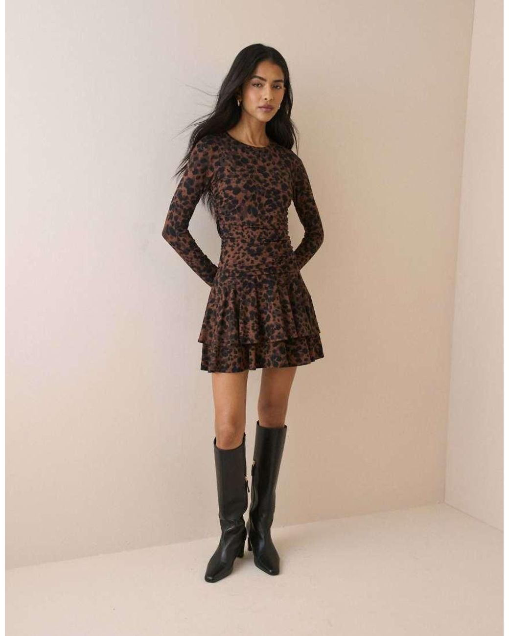 Nobody's Child Brown Leopard Print Long Sleeve Yuki Mini Dress