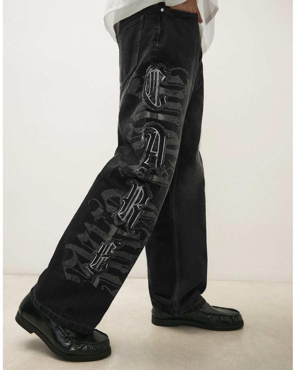 Bershka Black Baggy Jeans With Star Patches for men