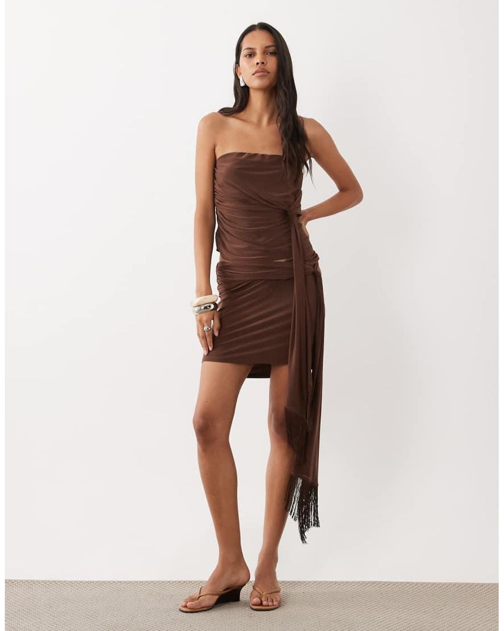 ASOS Brown Co-Ord Slinky Bandeau Crop Top With Fringe Drape Detail