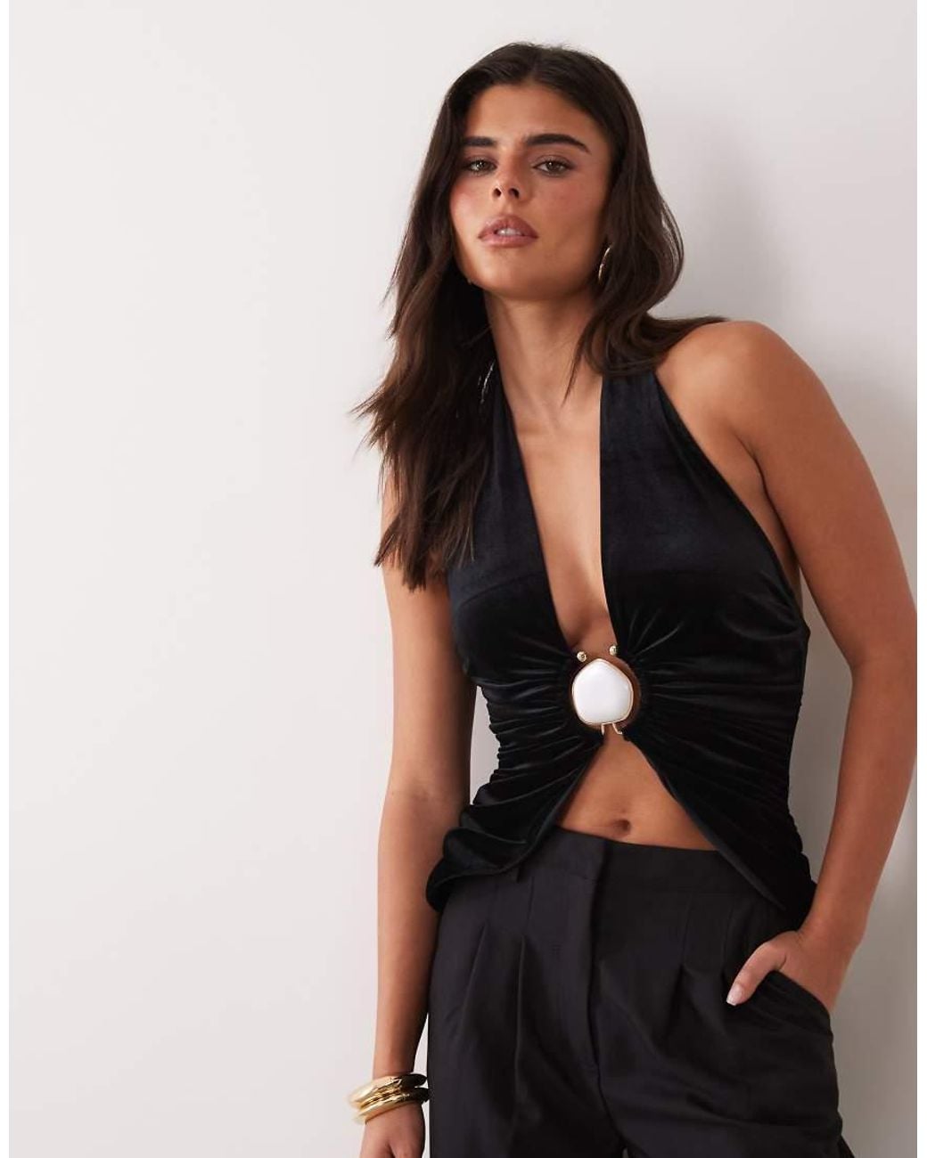 ASOS Black Velvet Plunge Hardware Top