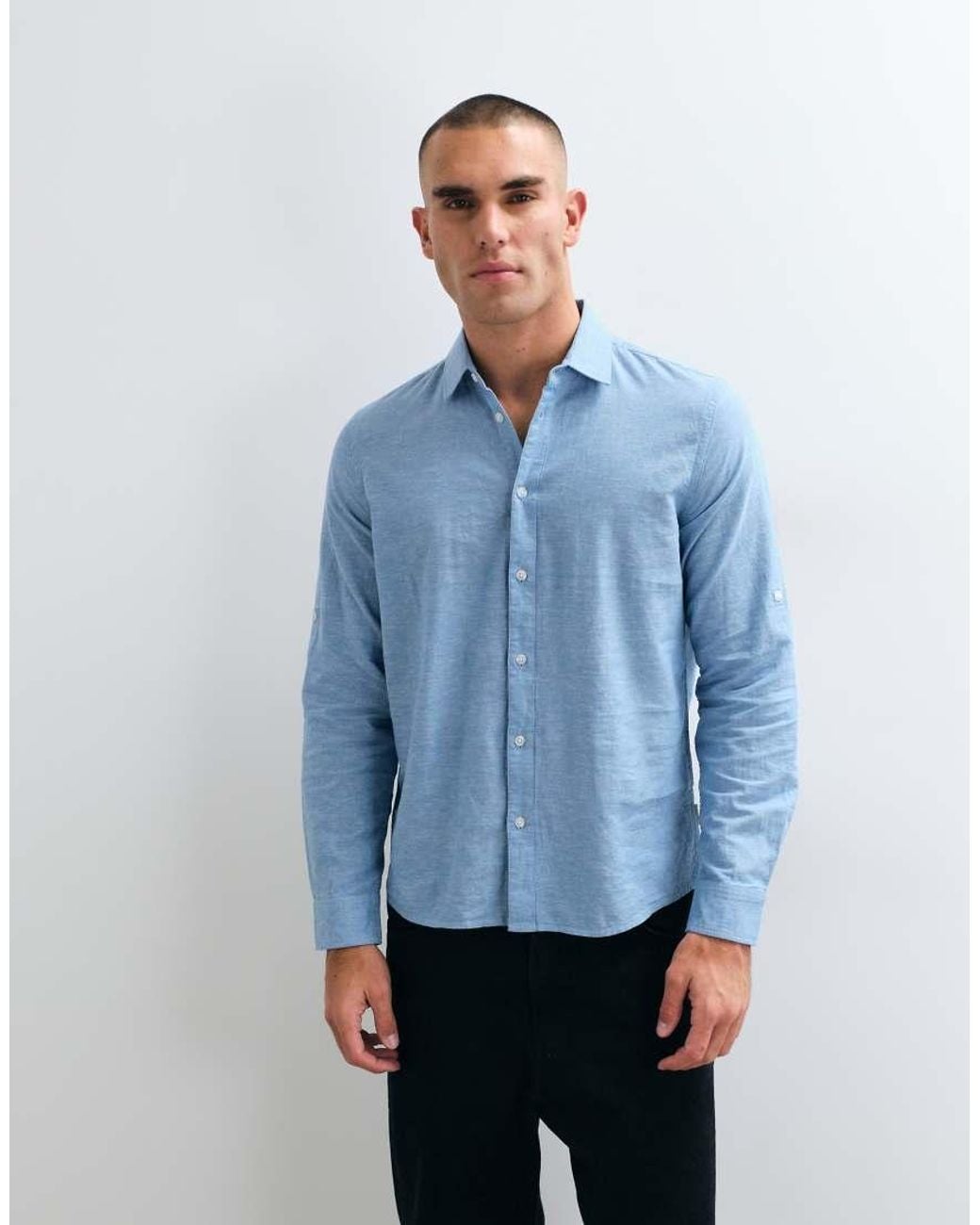 Blend Blue Cotton-linen Regular Fit Long Sleeve Shirt for men