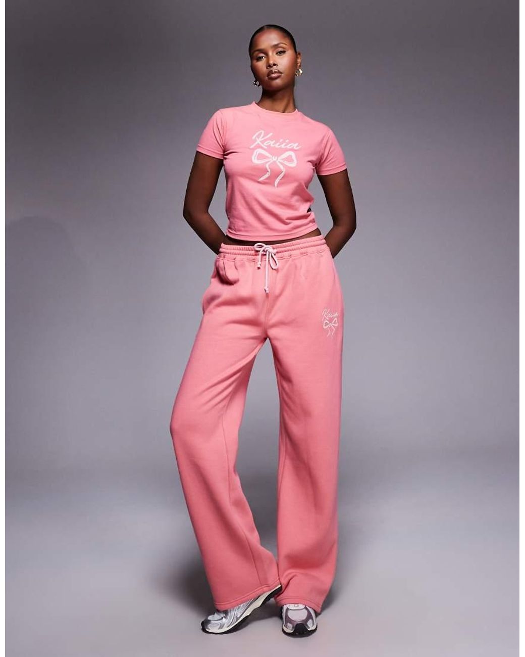 Kaiia Pink Embroidered Bow Logo Crew Neck Short Sleeve Crop Top