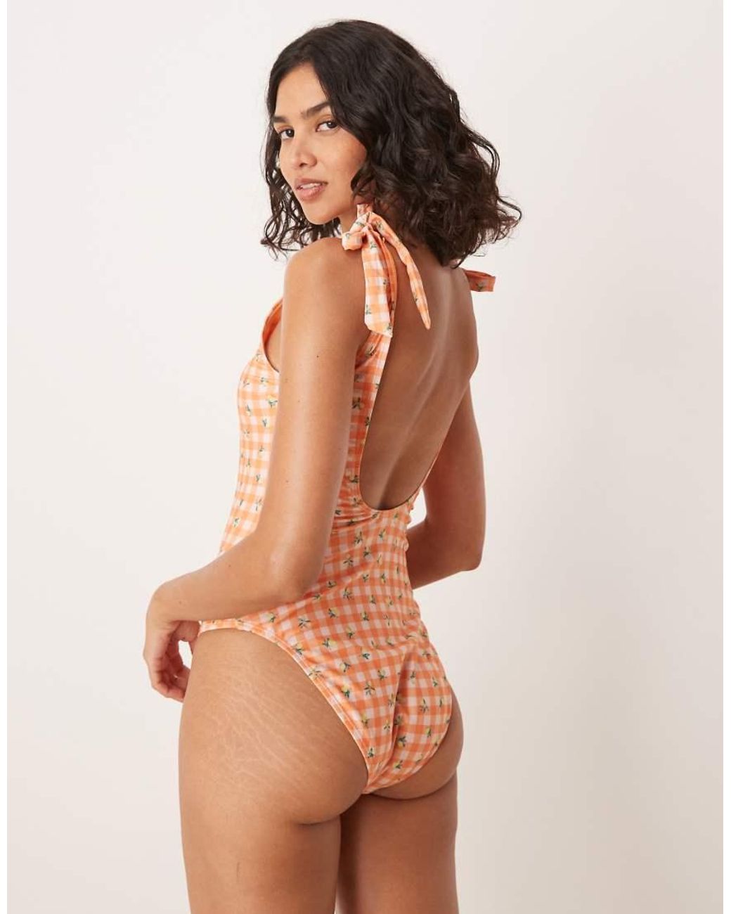 Brave Soul Orange Gingham Scoop Neck Swimsuit