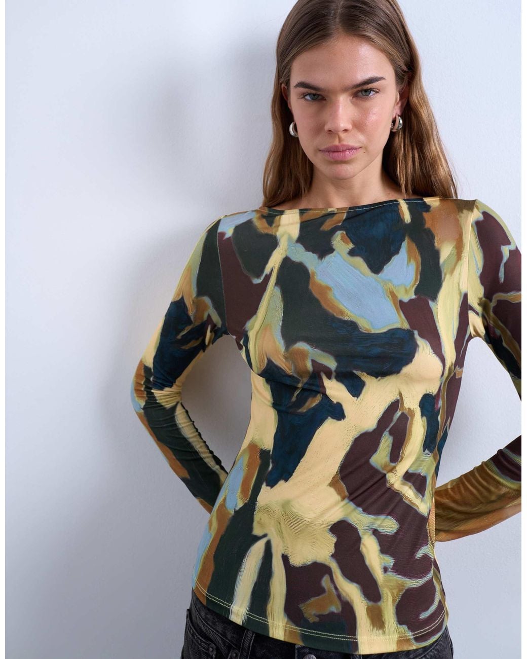 TOPSHOP Gray Microfibre Abstract Print Top