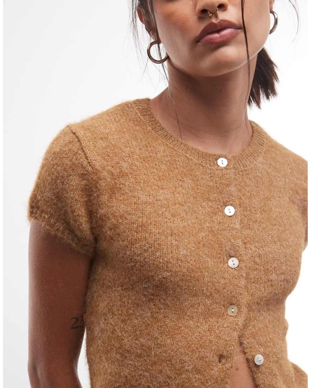 Monki Brown Short Sleeve Knit Cardigan Top