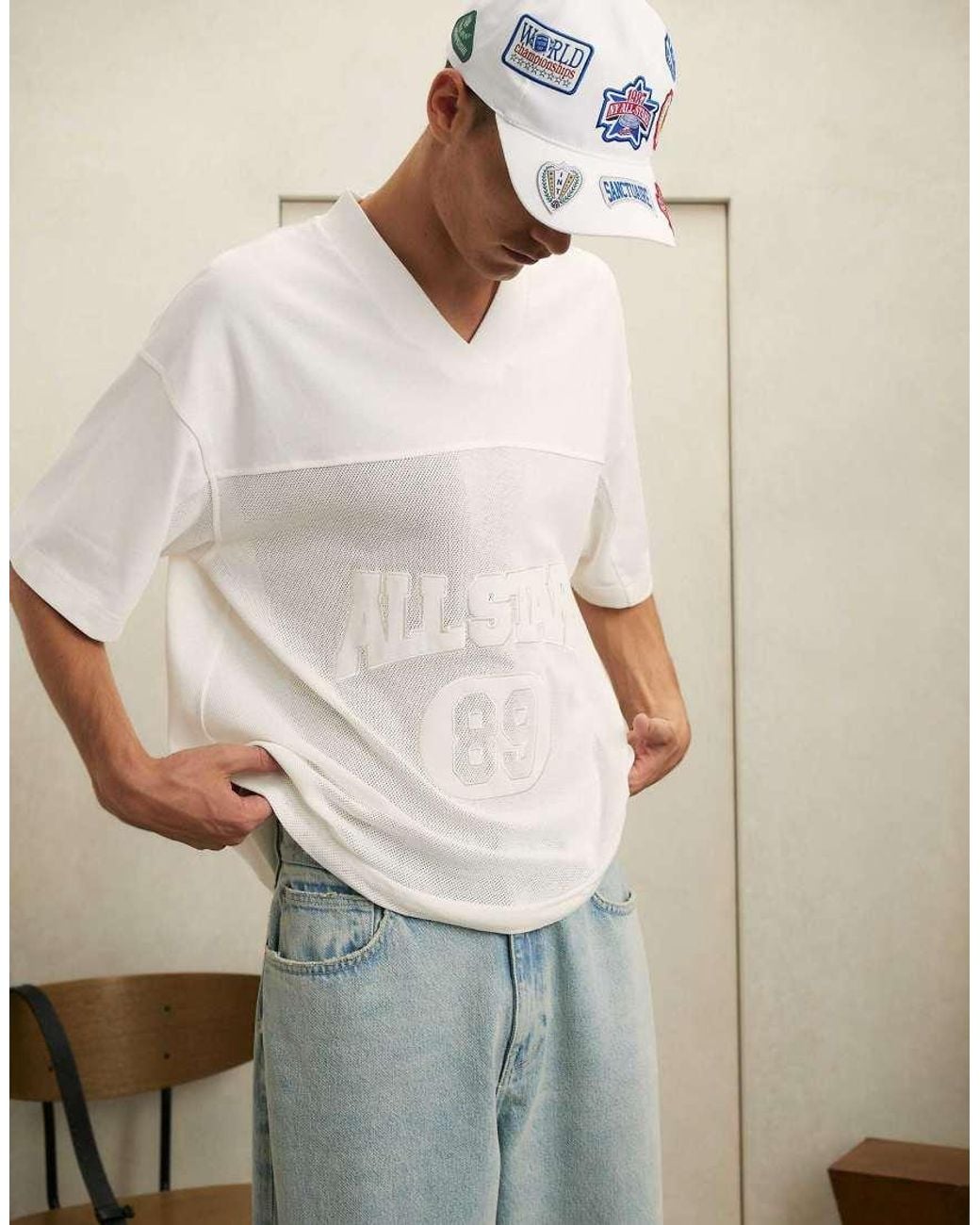 River Island Natural Cotton Mesh Block V Neck Top for men