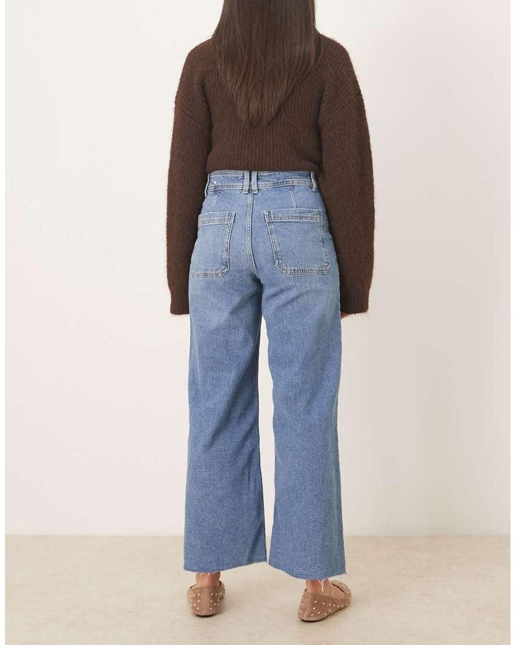 Mango Blue Catherin Cotton Mix Frayed Hem Straight Jean