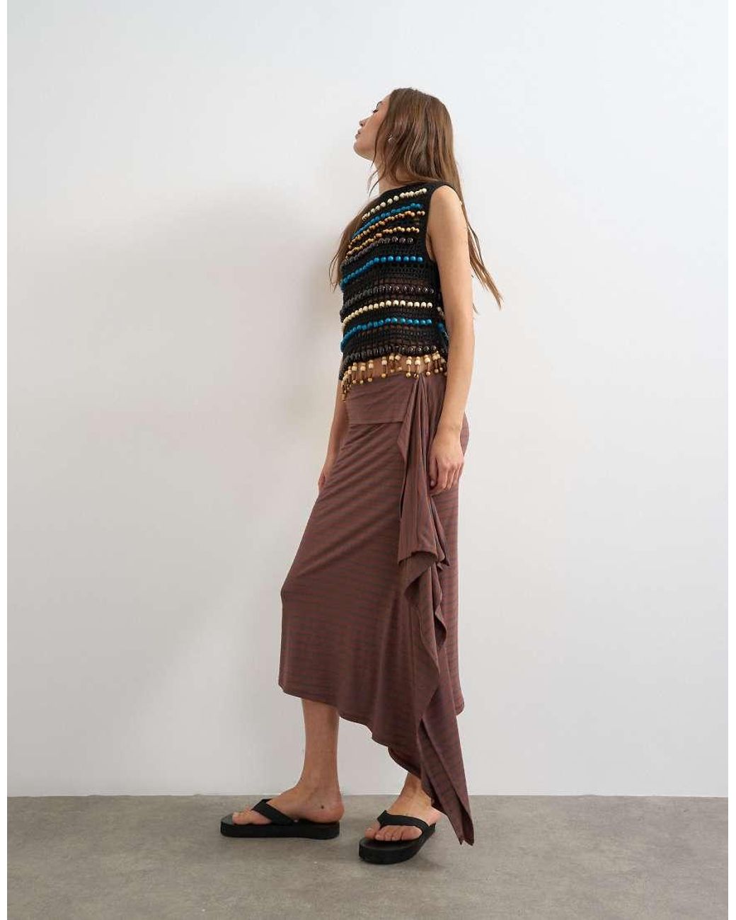TOPSHOP Brown Stripe Draped Midi Skirt
