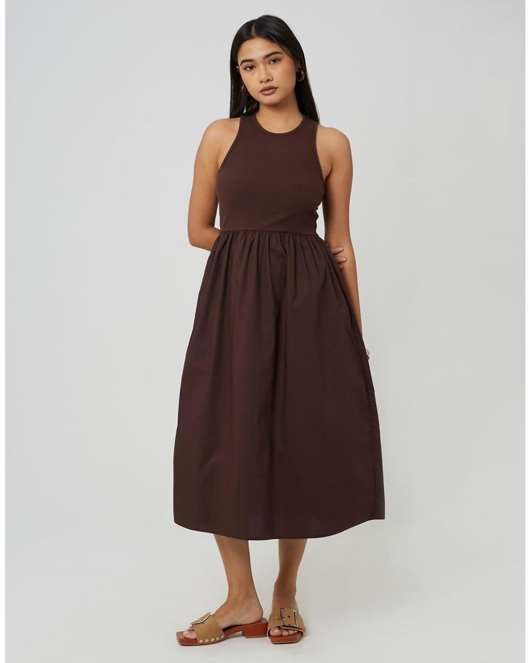 Brave Soul Brown Ribbed Jersey And Poplin Mix Midi Dress