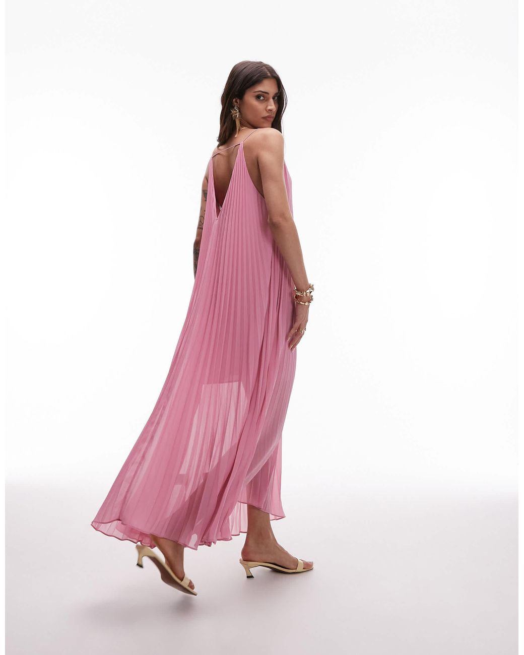& Other Stories Pleated Chiffon Maxi Dress With Deep V-Back in Pink | Lyst