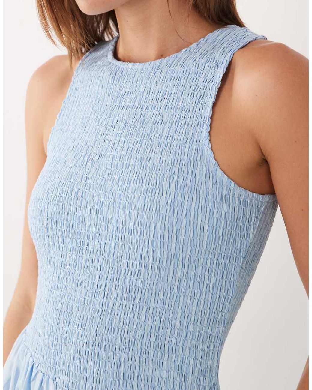 Ghospell Blue Sleeveless Shirred Bodice Asymmetric Detail Tiered Skirt Midi Dress