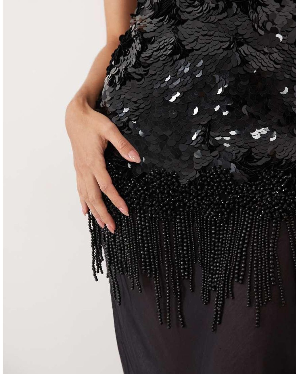 ASOS Natural Textured Sequin Maxi Dress With Beaded Fringe And Sheer Skirt