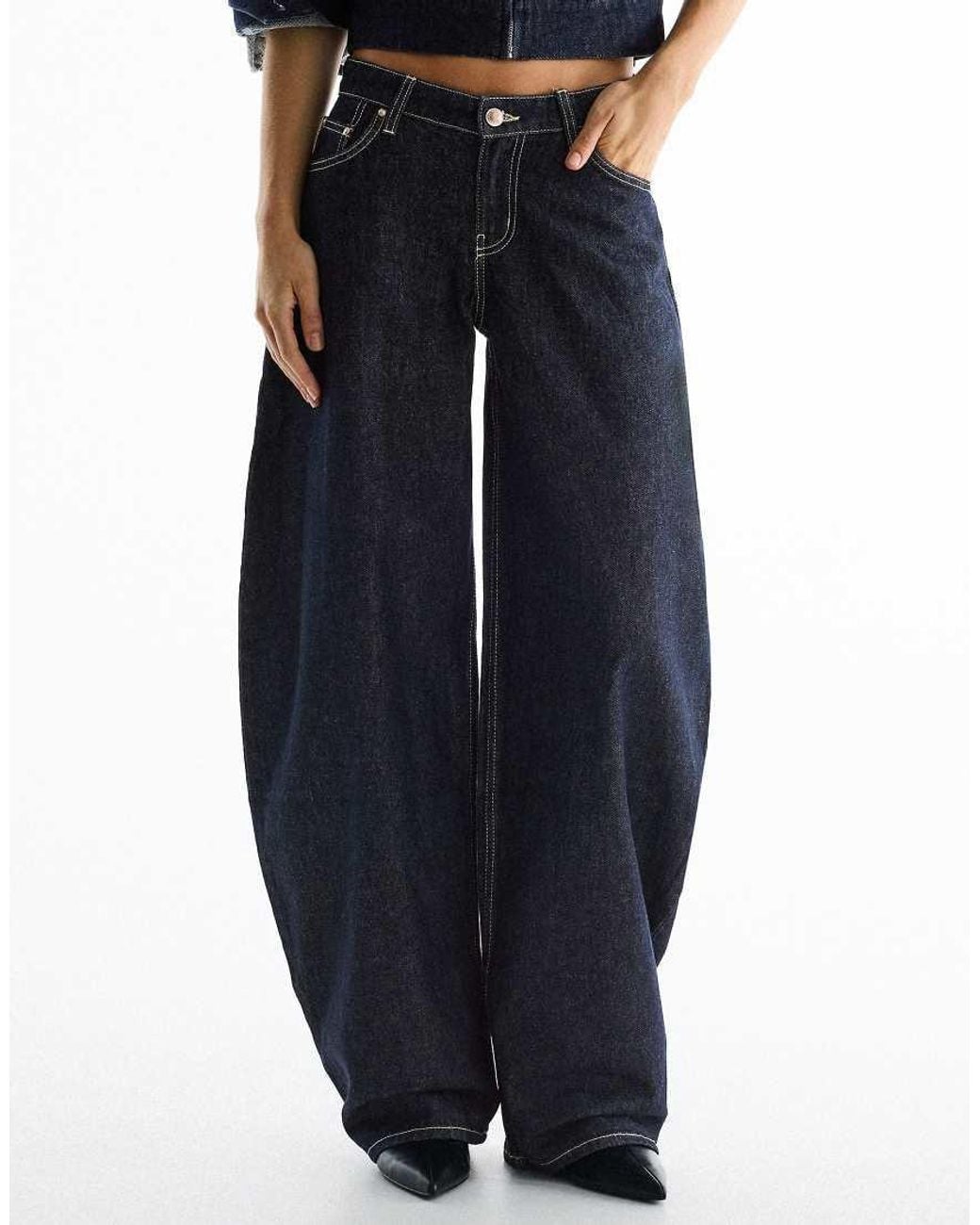 Bershka Blue Petite High-Waist Barrel Jeans