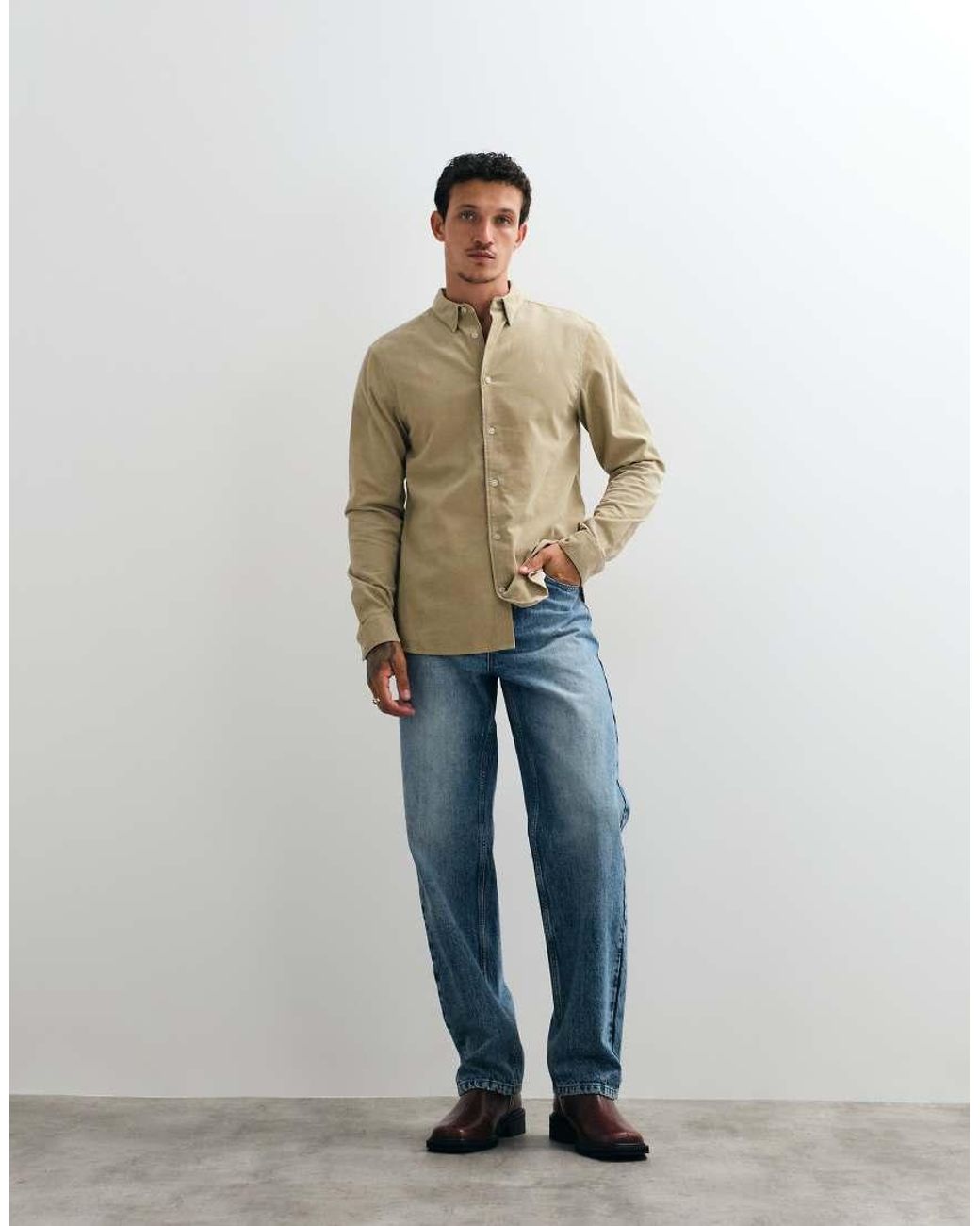 AllSaints Green Birchwood Long Sleeve Logo Cord Shirt for men
