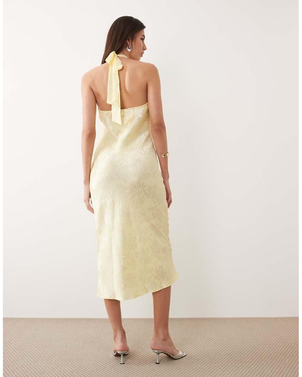 New Look Natural Satin Palm Jacquard Halter Neck Maxi Dress