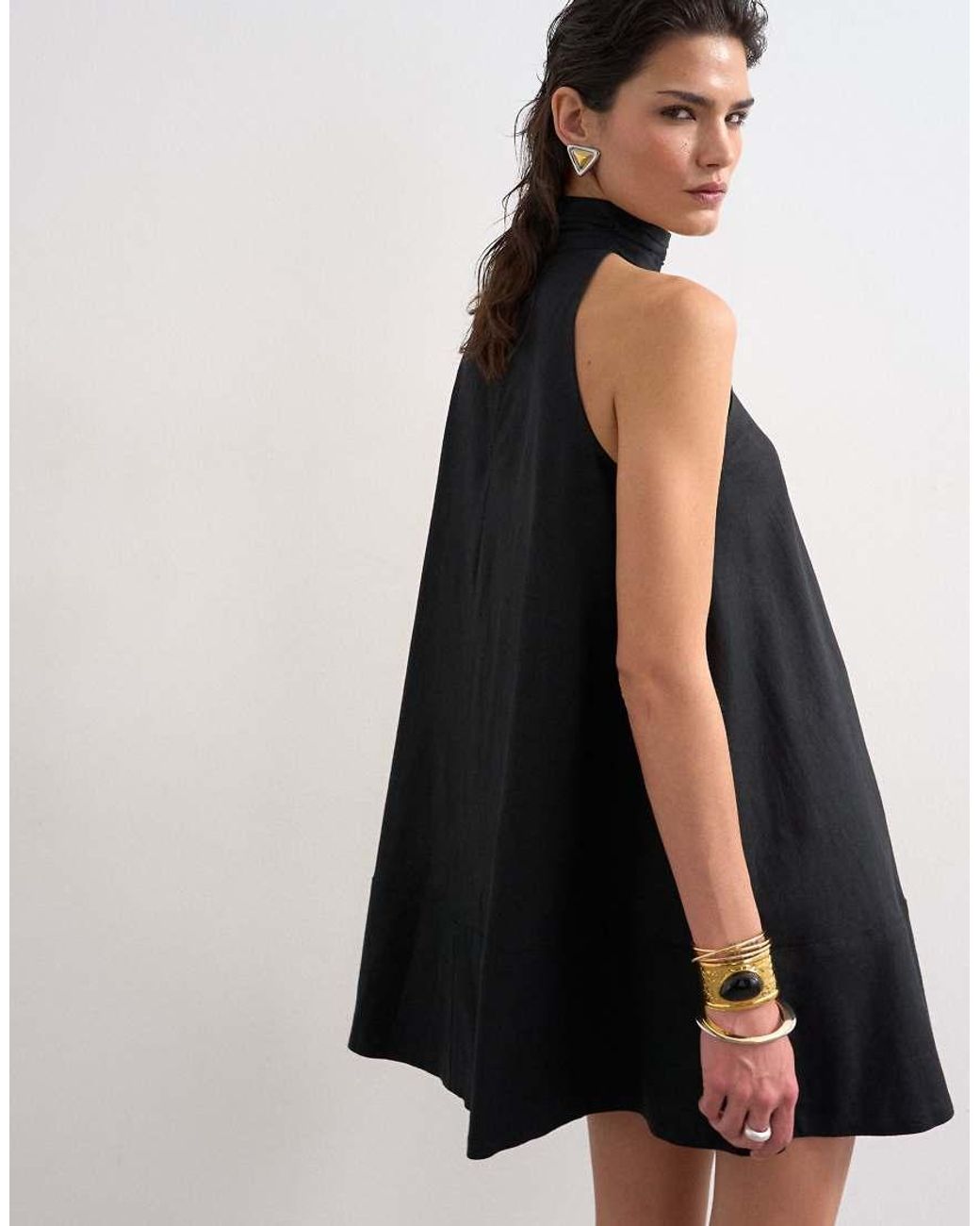 TOPSHOP Black Linen Rich High Neck Trapeze Mini Dress