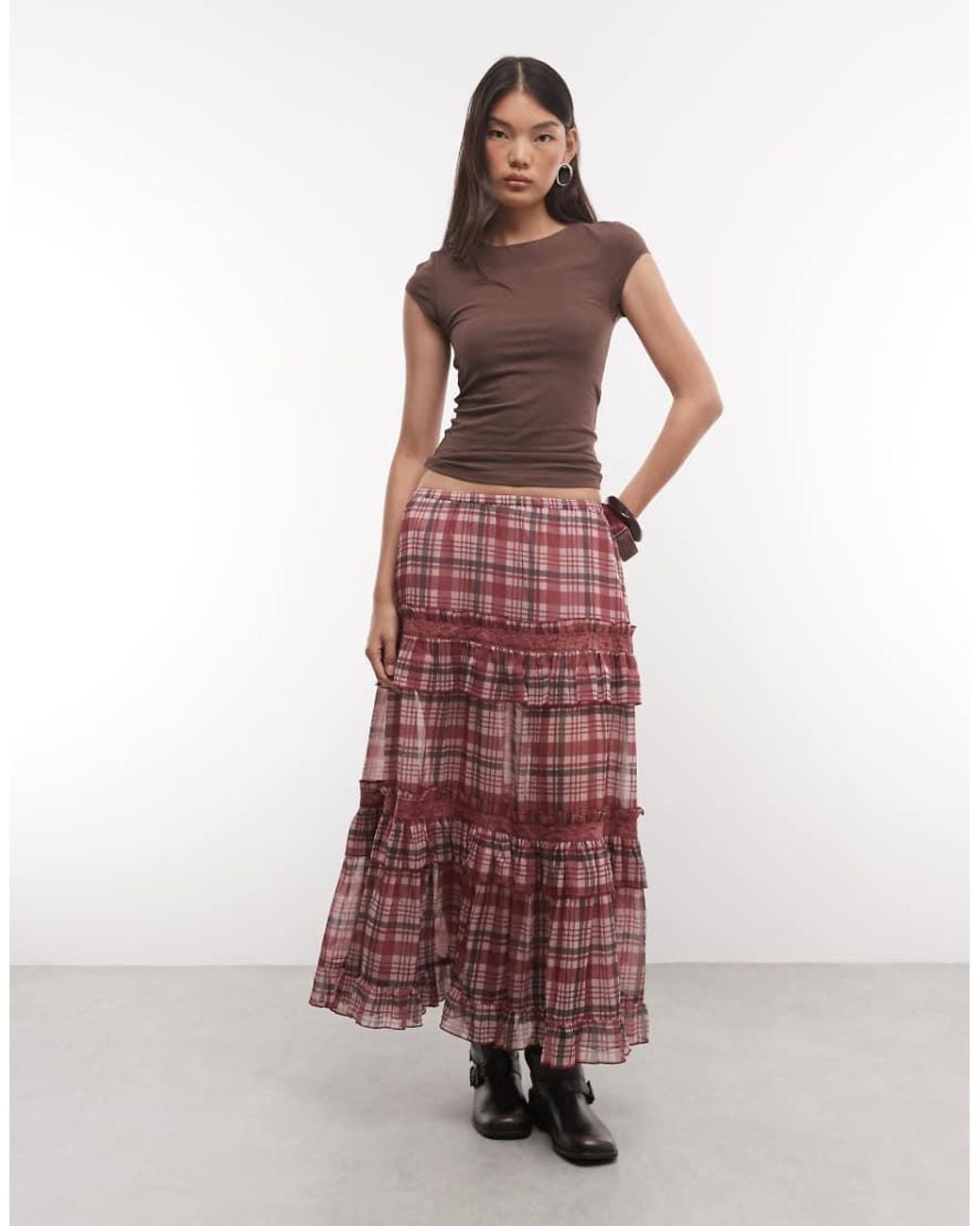 Reclaimed Vintage Red Chiffon Check Maxi Skirt