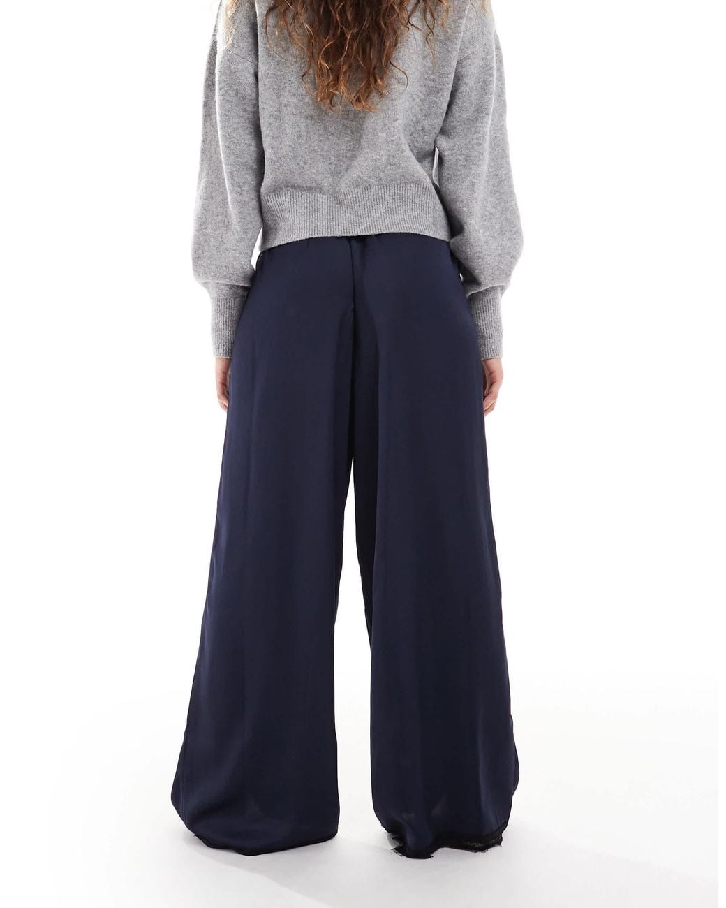 Wednesday's Girl Blue Tie Waist Satin Wide Leg Laced Trousers