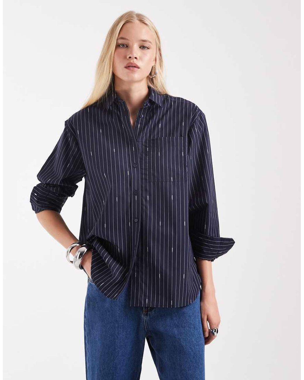 Lacoste Blue Oversized Jaquard Stripe Poplin Shirt