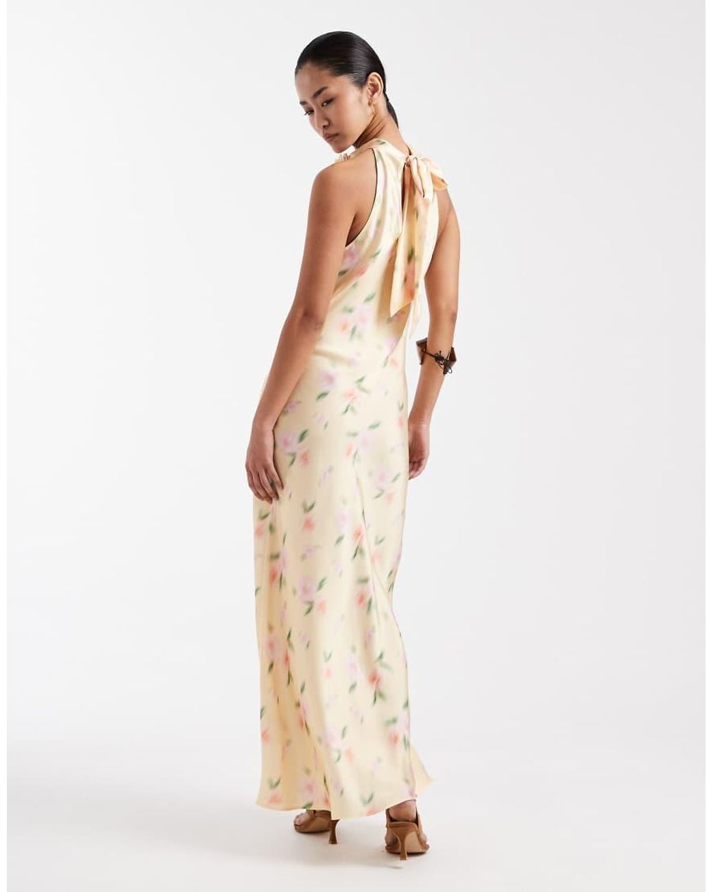 New Look Natural Floral Corsage Halterneck Satin Midi Dress