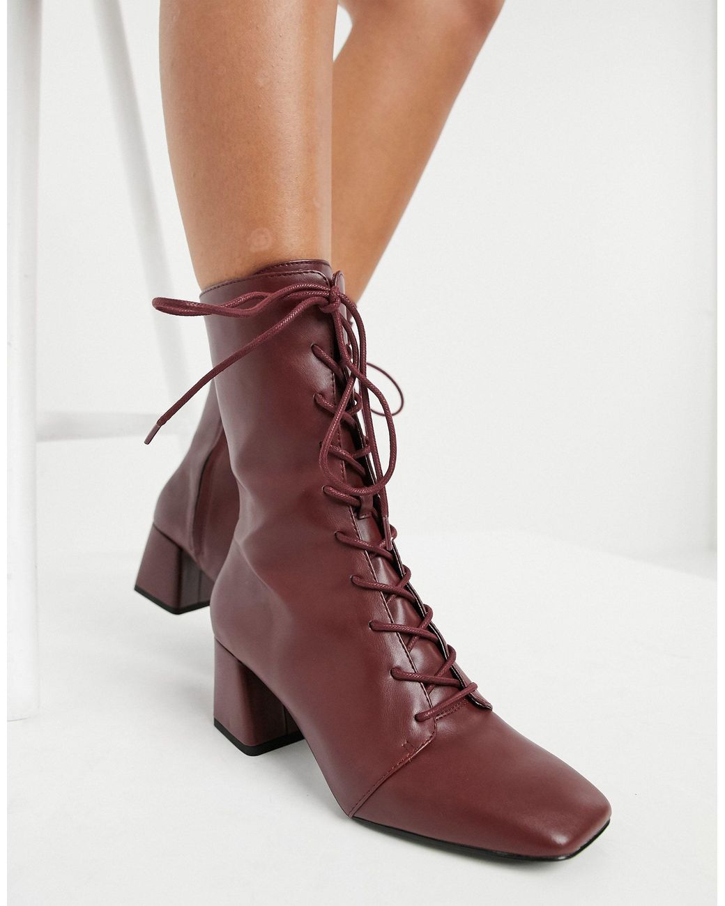 Monki Thelma Faux Leather Lace Up Heeled Boots in Red | Lyst Australia