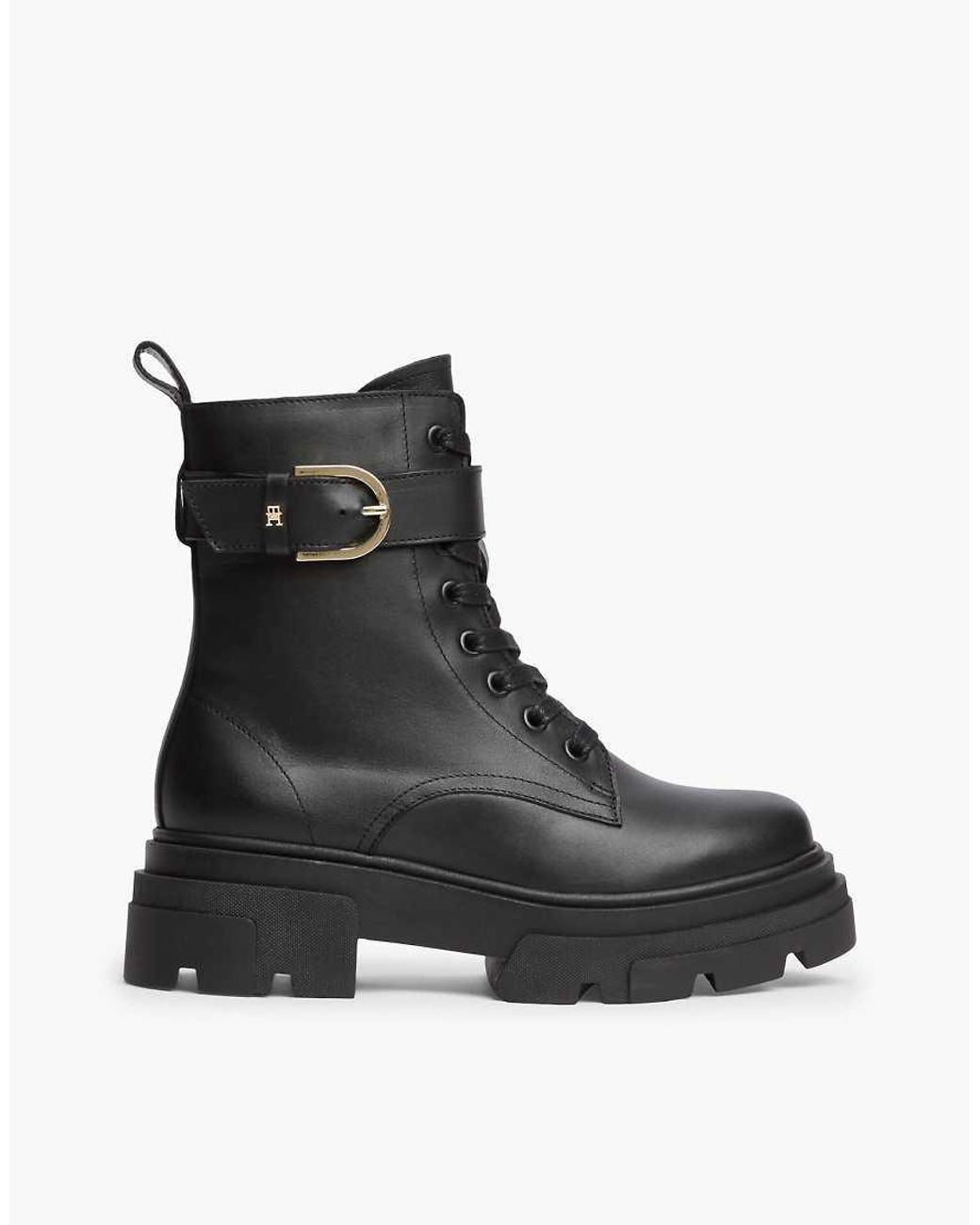 Tommy Hilfiger Black Waterproof Leather Chunky Lace Up Boots